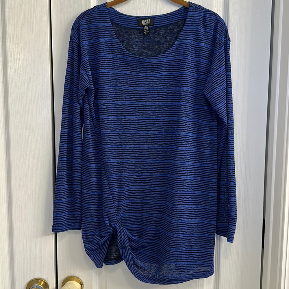 Jones New York Signature Long Sleeve Cobalt Blue and Black Stripe Knot Hem Top